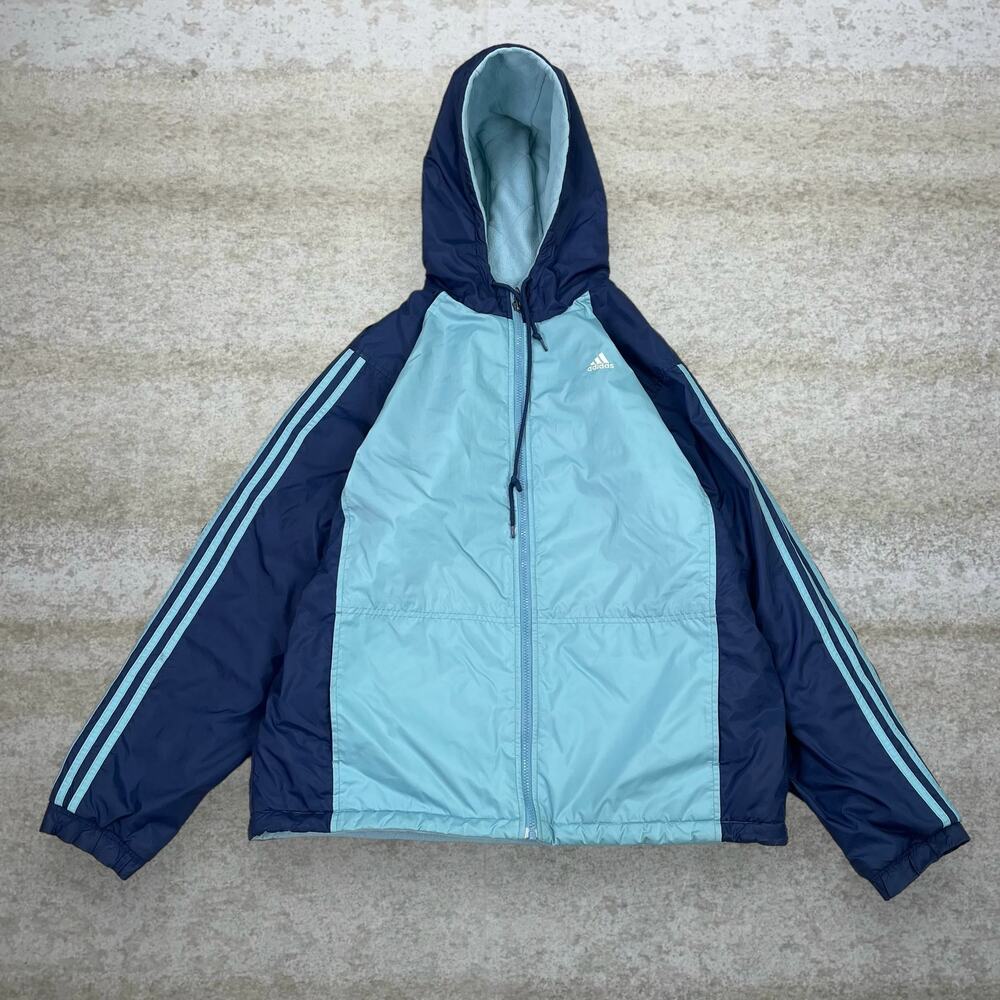 Vintage 90s Adidas Puffer Jacket Mens L Navy Blue Light Blue Fleece 3 Stripes